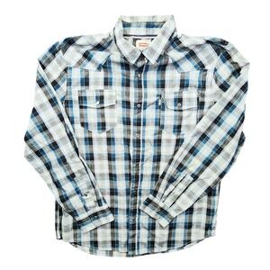 LEVIS Mens Plaid Snap Front Western Shirt XL Blue White Black Yellow